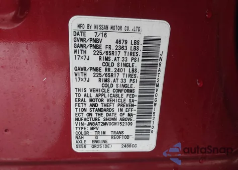 2016 Nissan Rogue Sv z USA, uszkodzony, nr VIN JN8AT2MV0GW152109